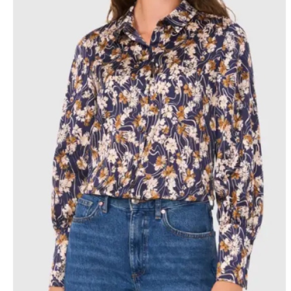 Halogen Navy Floral Button Down Satin Long Sleeve Collared Shirt